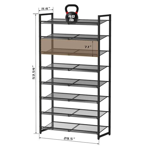 Image of Shoe Rack, 8-Tier Metal Shoe Organizer, Tall Shoe Rack for Closet,entryway,Garage, with Adjustable Flat or Angled Shelves, 32-40 Pairs,Shoes that can accommodate the Whole Family.