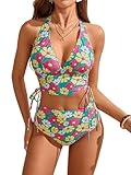 SweatyRocks Women's Floral Print 2 Piece Swimsuit Tie Side Halter High Waisted Bikini Bathing Suit Green X-Large