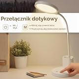 LQWELL Lampka biurkowa LED Touch dla dzieci i dorosłych, 360°, gęsia szyja, 3 kolory i regulacja jasności, z uchwytem na długopis i telefon, przewód zasilający 1,2 m, wtyczka, kolor biały
