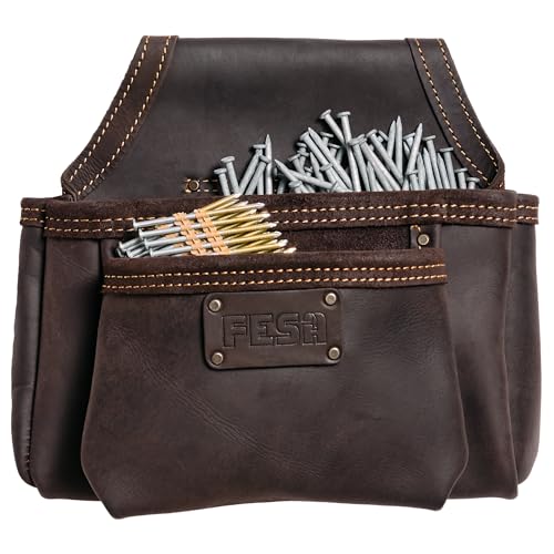 FESA 2 Pocket Nail Pouch for Tool Belts - Heavy Top Grain Leather Screw Pouch with 2 Extra Large Pockets for Fasteners - Heavy Duty Rivets & Stitching - Fits Tool Belts up to 3" - Handcrafted (Brown)