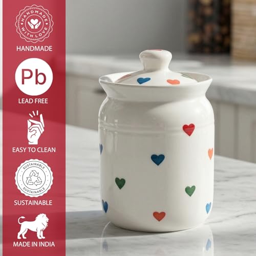 Image of Multi Heart Printed Ceramic Handglazed Pickle Jars Set of 2-1000 ML Each | 1 kg Achaar Martban Barni Jar with Lid | Ceramic Storage Jar Container Pickle, Chatney