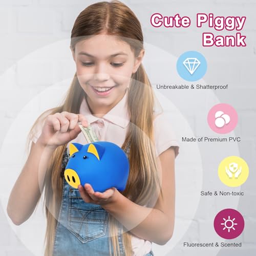 Laebuild Piggy Bank for Kids - Cute Piggy Bank for Boys and Girls - Unbreakable Plastic Money Bank - Pig Shape Coin Bank - Children\'s Toy Safe Fluorescent Gift Savings Jar - Dark Blue