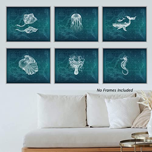 Nautical World Map Wall Art Decor Poster - Set Of 6 ( 8X10 Inch ) Teal Ocean Nautical Coastal Whale Seahorse Jellyfish Octopus Posters & Prints, Wall Art For Living Room, Office Decor, Nautical Wall Art By Zagly Wall Decor (Teal) #TOP1