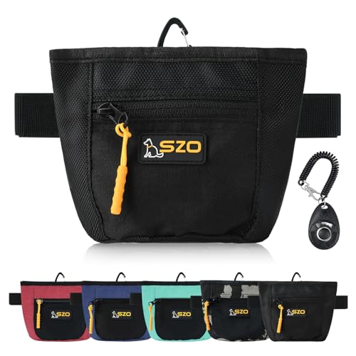 SZO Dog Treat Pouch with Pet Training Clicker, Dog Training Treat Pouch with Waist Belt Clip, Magnetic Closure, Hands-Free Training - Black