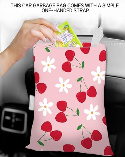 Image of Car Trash Can, Durable Hanging Car Trash Garbage Bag, Cute Automotive Garbage Cans Organizer, Cute Pink Cherry