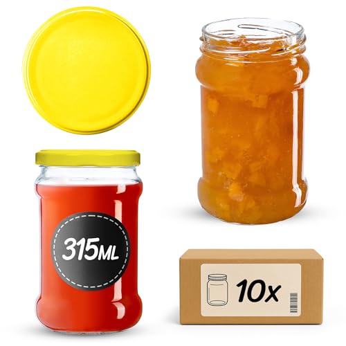 KADAX Tarros de conservas de 315 ml con tapa de rosca fi66 mm, tarros de cristal con tapa de rosca para mermelada, miel, mermelada, tarros de conservas (amarillo, 10 unidades)