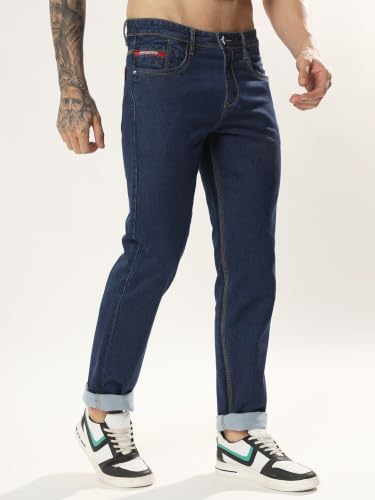 Image of Cotton Comfort Fit Jeans for Men | Full-Length Solid Denim Pants with Button Closure, Embroidered Design, Mid-Rise Casual Trousers for Daily | Classic Jeans for Office Bottoms (DI-249)