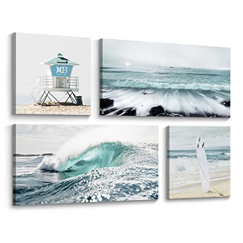 Beach Surfboard Canvas Wall Art: Large Blue Ocean Pictures Surf Sea Wave Scenery Seaside Lifeguard Tower Painting Tropical Seascape Prints Coastal Nautical 4 Pieces Artwork For Living Room #TOP7