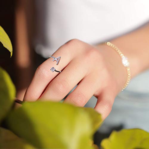 Image of HUJUON Silver Initial Letter Ring for Women. Adjustable Crystal Alphabet Ring,Name Initials Stackable Knuckle Rings A-Z CZ Open Ring