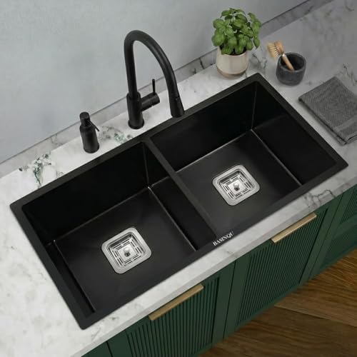 Image of BASINQU Kitchen Sink 32x20x10 Inch Handmade Double Bowl Sink for Kitchen Basin Black 304 Grade Stainless Steel Brushed Matte Finish Including Coupling Fruit Tray Hose Pipe Kitchen Sinks
