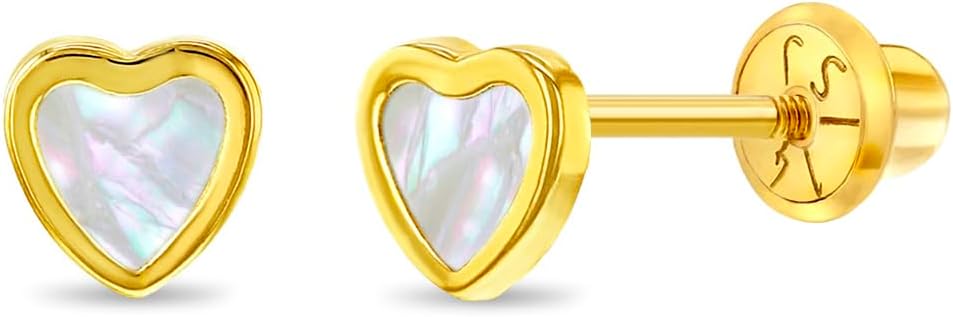 14k Yellow Gold Mother of Pearl Little Heart Screw Back Earrings for Young Girls - Small Dainty Screw Backs for Baby Girls to Toddlers - Beautiful Studs for Pretty Little Children