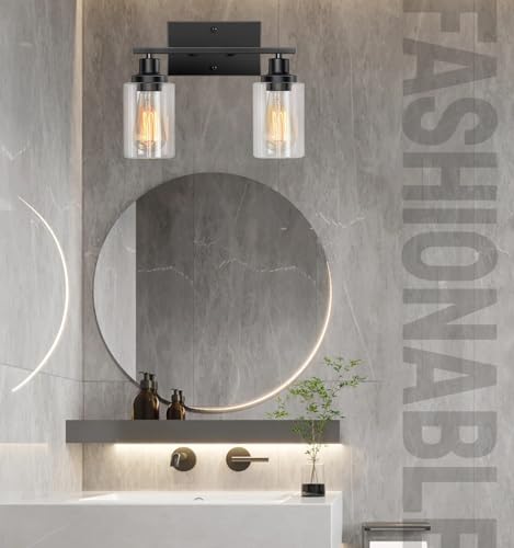 Bathroom Light Fixtures Over Mirror, 2-Light Black Vanity Light, Modern Vanity Lights for Bathroom with Clear Glass Shade, E26 Standard Vanity Lights with Metal Frame for Bedroom Hallway Living Room by SANGFOR - Image 2