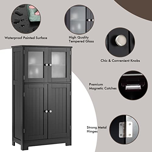 Loko Bathroom Floor Cabinet, Freestanding Storage Cabinet W/Glass Doors, Wooden Kitchen Cupboard W/Adjustable Shelf, Versatile Floor Storage Cabinet For Bathroom, Living Room & Kitchen (Black) #TOP6