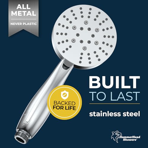 HammerHead Showers® ALL METAL 3-Spray Hand Held Shower Head, Chrome | Select from Wide, Massage, and Mist Sprays | 2.5 GPM High Flow Handheld Showerhead | Made from 304 Stainless Steel