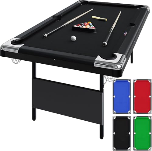 6/7 Foot Foldable Pool Table, Portable Billiard Table with Full Set Billiard Balls, 2 Cue Sticks, Chalk & Felt Brush, Foldable Snooker Pool Table for Family Game Room