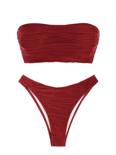 Image of ZAFUL Women Strapless Textured Bandeau Bikini 2 Piece Swimwear Cheeky Solid Lace up Bathing Suits