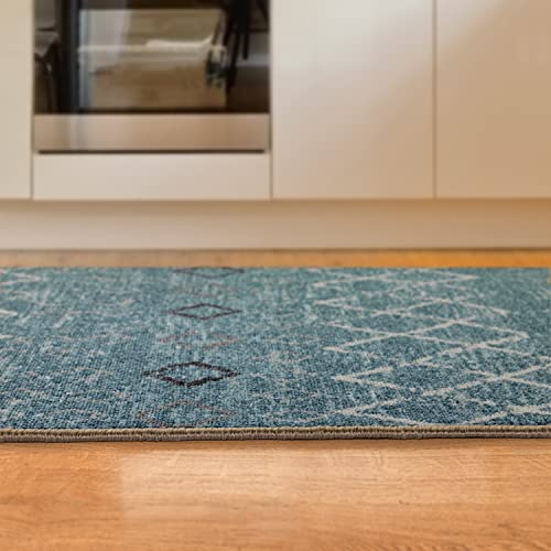 Antep Rugs Alfombras Non-Skid (Non-Slip) 2X7 Rubber Back Bohemian Distressed Moroccan Boho Low Pile Profile Indoor Runner Rug (Blue, 2' X 7') #TOP4
