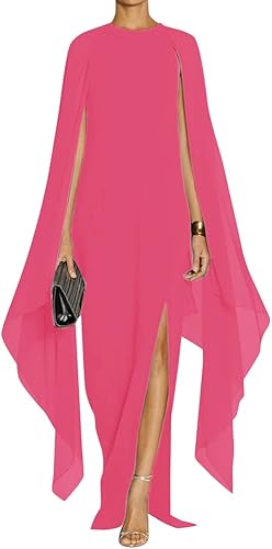 MAYFASEY - Vestido de noche largo, elegante y formal para mujer, con capa, abertura frontal alta y mangas acampanadas