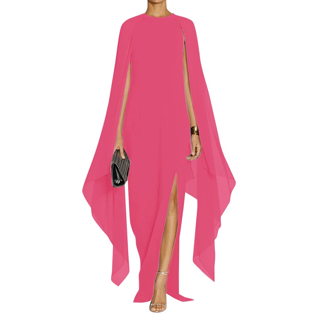 MAYFASEY Women's Long Cape Sleeve High Split Elegant Cocktail Maxi Dresses Long Formal Party Halloween Dress Evening Gown Rose M