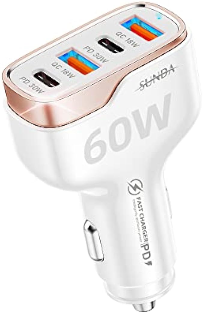 SUNDA 60W USB C Fast Car Charger, 4-Ports Car Charger Adapter, Dual Type C PD30W/PPS30W Compatible with iPhone14/13 Pro/Max/iPhone12/iPad Pro/Galaxy/SamsungS23, Dual USB-A 18W QC3.0 for Android