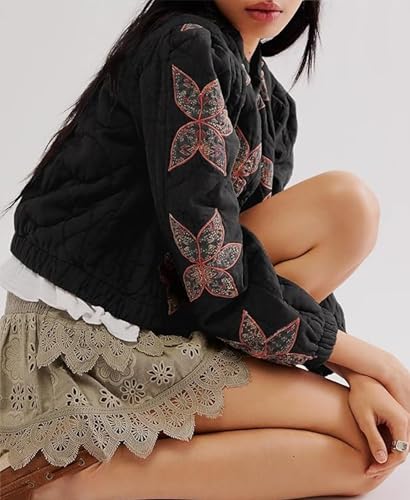 OPCAKM Women's Black Cropped Puffer Jacket with Floral Embroidery - Cozy and Chic Outerwear for Any Occasion - Image 3