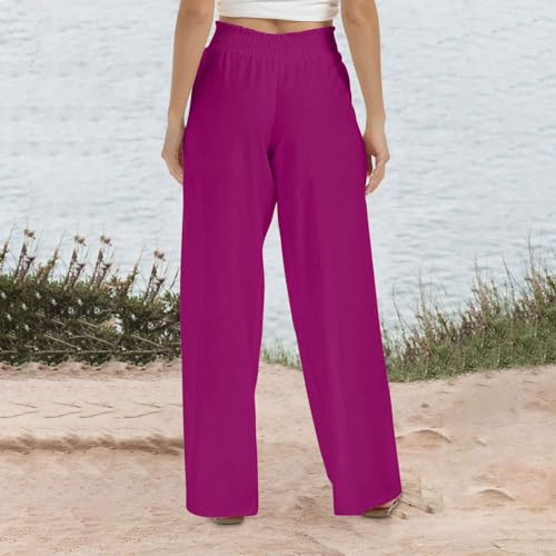 Palazzo Pants for Women Casual, Plus Size Smocked High Waisted Flowy Pants Wide Leg Linen Trousers with Pockets 20254