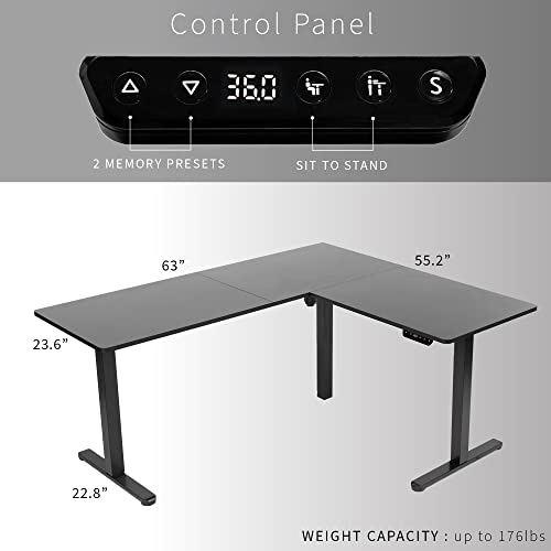 Vivo Electric Height Adjustable 63 X 55 Inch Corner Stand Up Desk, Rustic Vintage Brown Table Top, Black Frame, L-Shaped Standing Workstation, 3Ct Series, Desk-E3Ctn #TOP2