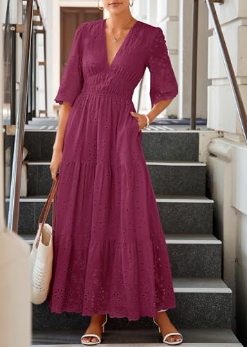Lazysmile Long Sleeve Dresses for Women V Neck Hollow Out Eyelet Ruffle Swing A-Line Fall Vacation Boho Maxi Dress Burgundy — view 5