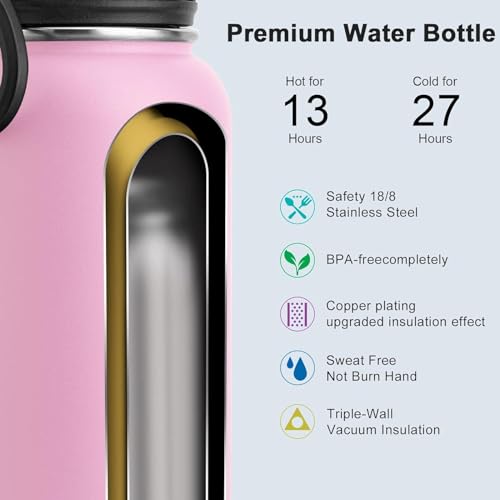 Image of koodee Insulated Water Bottle, 32 oz Stainless Steel Double Wall Vacuum Wide Mouth Sport Bottle with Leakproof Spout Lid (Pink)