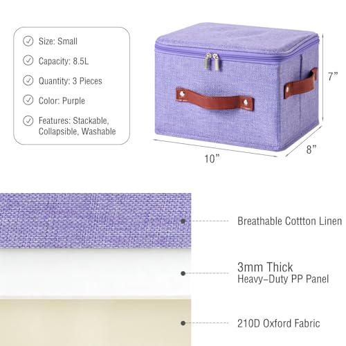 Image of 3PCS Storage Bins Boxes with Zippered Lids Cotton Linen Fabric Decorative Basket PU Leather Handles PP Plastic Board Foldable Lidded Clothing Shelf Closet Organizer Container (Purple, Small)