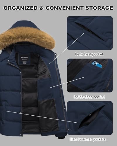 Image of Men's Puffer Jacket Winter Coat Puffy Parka with Fur Hood Waterproof & Windproof Shell Fleece lining 4 Pockets
