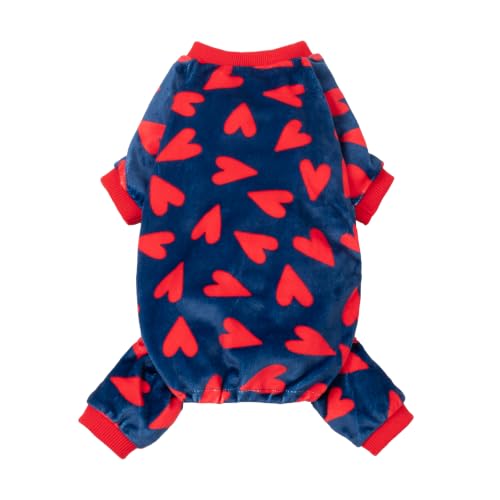 Image of Fitwarm Valentines Day Sweet Hearts Dog Pajamas, Dog Winter Clothes for Small Dogs Girl Boy, Lightweight Velvet Pet Jumpsuit, Cat Onesie, Dark Blue, Red, Large