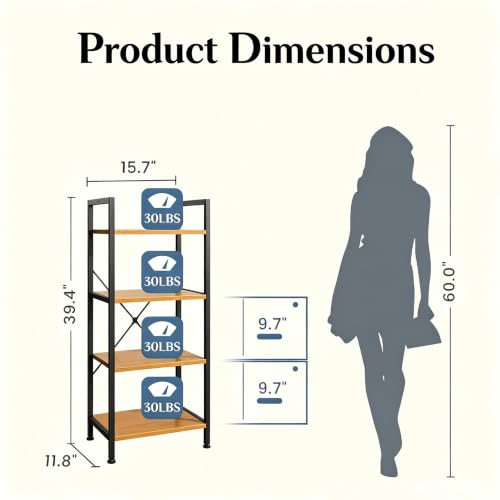 Image of HealSmart 4 Tier Bookshelf, Free Standing Book Shelf Home Office Bookcase Shelf Storage Organizer for Bedroom, Bathroom, Living Room, Office, Balcony, Wood