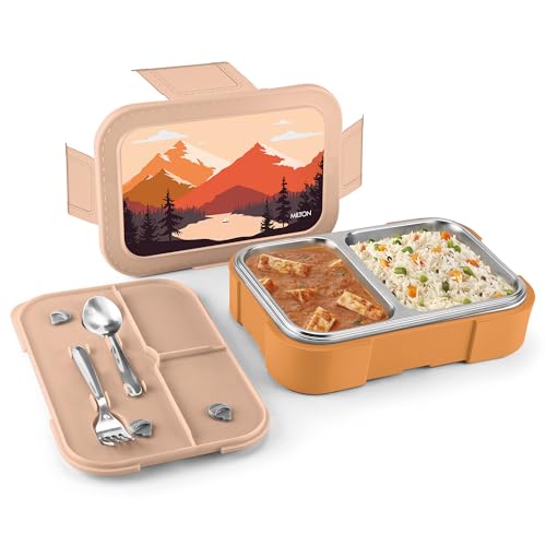 Image of MILTON Bravo 2 Inner Stainless Steel Tiffin Box for School, 2 Partition, Steam Release Plug | PU Insulated, Leak-Proof, Food Grade I Lunch Box for Kids Boys, Girls with Snap Lock Lid, 650 ml, Orange