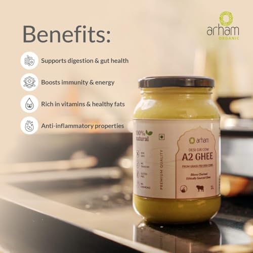 Image of Arham Organic A2 Gir Cow Ghee 500ml | Curd-Churned Cultured Bilona Method | Pure & Natural Desi Ghee | Grass-Fed | Immunity & Gut Health | Cruelty-Free | Lab Tested | Glass jar