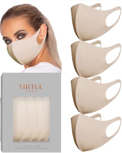 VIRTUE CODE Second Skin BEige Cloth Face Mask Pack with Adjustable Ear Loops. 4 Buttery Soft Masks Washable Fabric - BEige Face Mask Reusable. Stretchy, Comfortable, Fresh Facemask