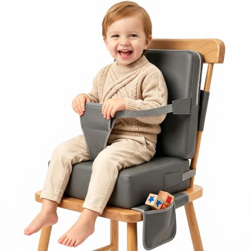 Booster Seat for Kitchen Chair Non-Slip Toddler Booster Seat for Dining Table with Backrest Adjustable Straps Portable Travel Toddler Booster Seat with Storage Bag Grey