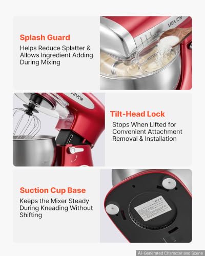 Image of VEVOR 7.4 Qt Tilt Head Stand Mixer 500W Electric Dough Mixer, 6 Speeds with Pulse Food Kitchen Mixer with Stainless Steel Bowl, Splash Guard, Dough Hook, Whisk, Beater, for Baking Mixing