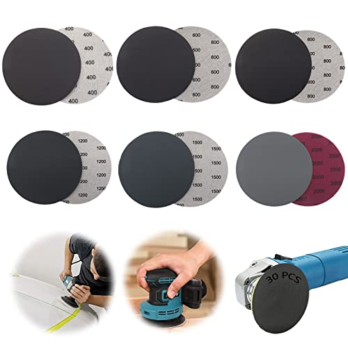 Schleifpapier Rund 30 Stück Exzenterschleifer Schleifpapier Set Schleifblätter Schleifscheiben Körnung 400 600 800 1200 1500 2000 Körnung Für Holz Metall Farbe Kunststoff Exzenter-Schleifer Ohne Loch Cover
