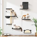 5-in-1 Cat Wall Shelves, Solid Wood & Velvet & Sisal Scratcher, 44lbs Max Load, Wall Mounted Cat Furniture for Climbers, Cat Climbing Wall System, Fits Drywall & Solid Walls - Dark Gray