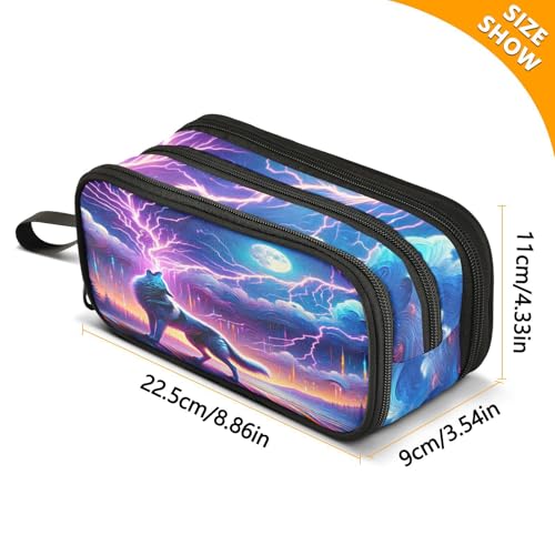 Image of Wolf Howling Moon Lightning Pencil Case Box Boys Girls Large Pencil Pouch with Zipper Compartments Big Capacity Stationery Pen Bag Organizer for Kids Teens Adults School