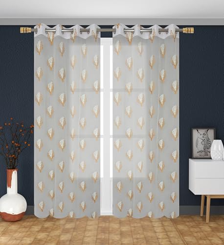 Image of littlelotus Floral Embroidery Tissue Net Sheer Transparent Curtains for Door 9 feet Long Set of 2, White