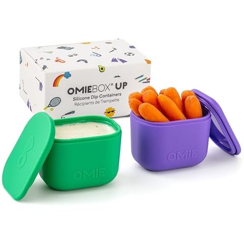 OmieBox UP (2 pack) Leakproof Dips Containers To Go, Salad Dressing Container, Condiment Container with Lids - Food Safe Silicone - 4.5 ounces (Purple/Green) Cover