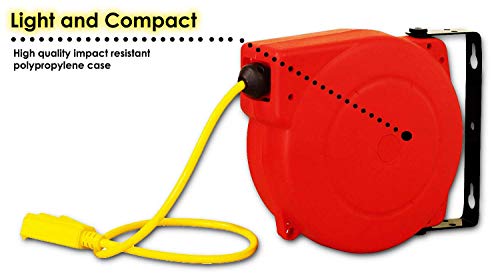 ReelWorks Retractable Extension Cord Reel Polypropylene 12AWG x 40' Foot Industrial Commercial Grade 3C SJT Cable Triple Tap Connector 15A 125VAC 1875W 60Hz Current Interrupter Best for Indoor Use