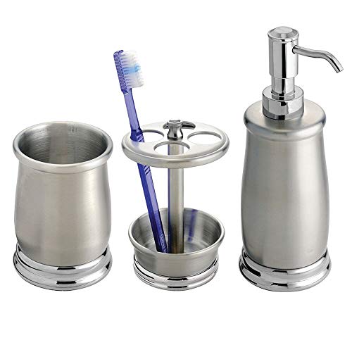 mDesign Stainless Steel Bath Accessory Set, Soap Dispenser Pump, Toothbrush Holder, Tumbler - 3 Pieces, Brushed/Chrome