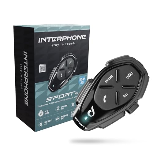 Interphone Sport HD Intercomunicador Casco Moto Individual, para hasta 4 usuarios a 1 km de Distancia, intercomunicador con Bluetooth para GPS y Llamadas, Accesorios Moto con 15 h de autonomía, IP67