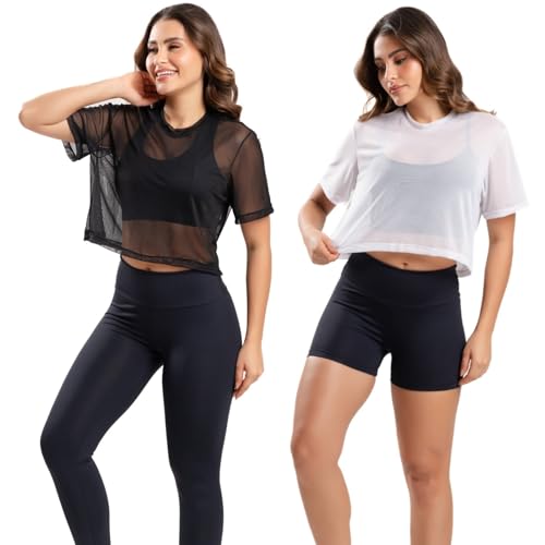 Kit 2 Blusas Tule Transparente Academia Feminina Esporte Fitness Manga Curta Roupa de Academia Moda Fitness