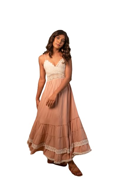 Image of LABEL REYYA Women's Rayon Printed Maxi Dress Stylish Pink Crochet Dress Sweatheart Neck Adjustable Straps Casual Western Fit & Flared Dresses for Ladies Outfits One Piece Bohemian Dress for Girls