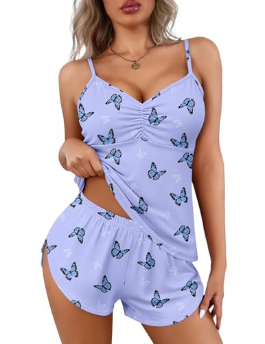 Image of Ekouaer Women Pajamas Set Cami Shorts Set Soft V Neck Sleepwear Sleeveless Lingerie Pjs Set S-XXL