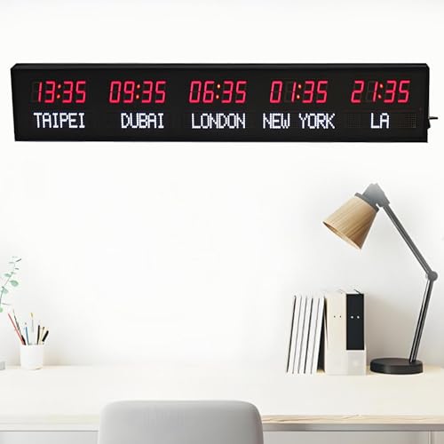 Horloge Murale LED, Horloge à Fuseaux Horaires Mondiaux, Horloge Murale LED, 3 Niveaux De Réglage De La Luminosité, Horloge Numérique à Fuseaux Horaires Multiples,Red+white